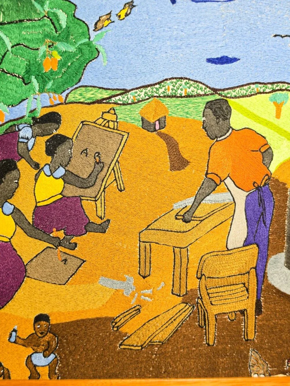 Framed Haitian School Thread Art Painting Naive-style Story included - Stamped